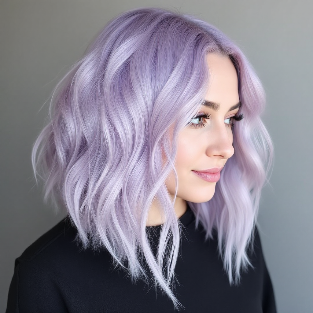 Soft lavender bob with pastel elegance, trendy hair color, whimsical charm