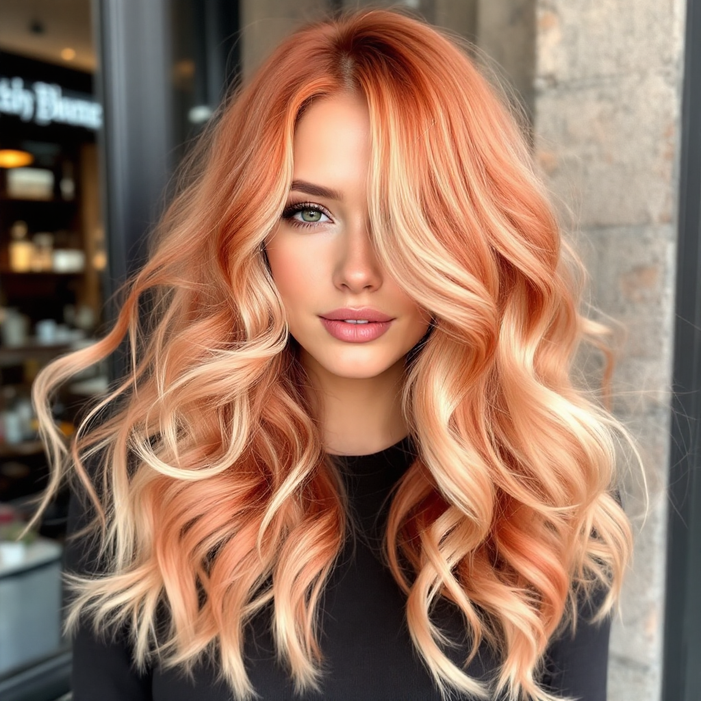 Peachy sunrise curls with vibrant depth, bold hair color, lively appeal