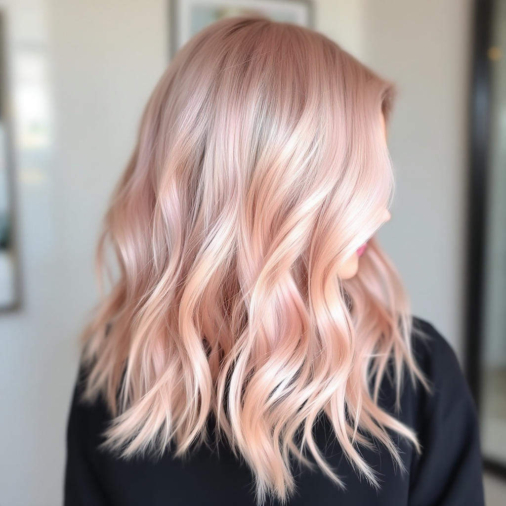 Blush pink waves with delicate softness, trendy pastel hair, romantic allure