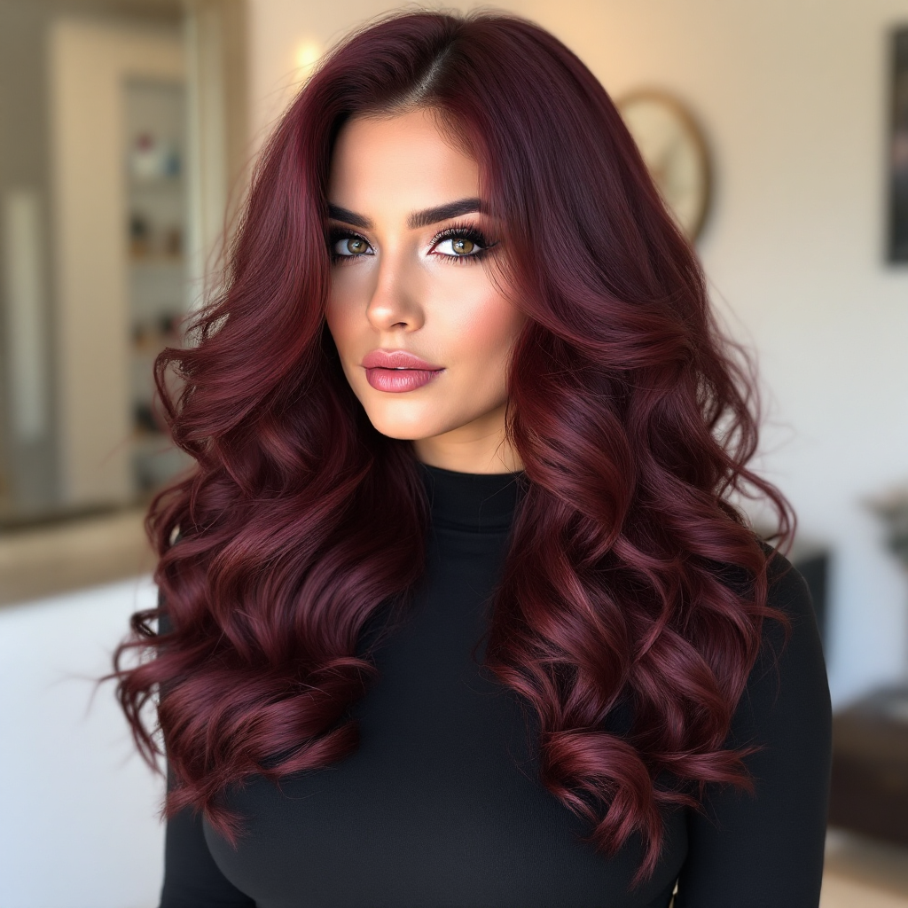 Deep burgundy curls with rich intensity, bold hair color, dramatic allure