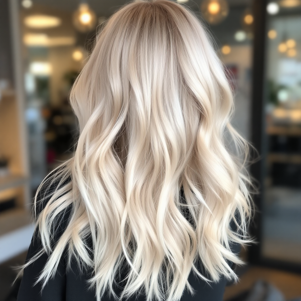 Platinum blonde waves with icy finish, striking hair color, modern elegance