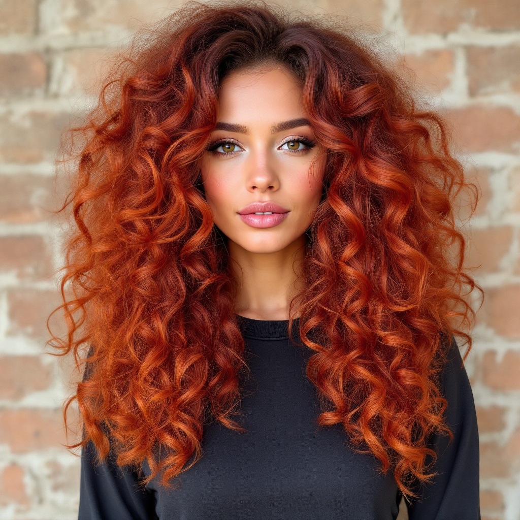 Fiery red curls with voluminous flair, bold hair color, energetic style