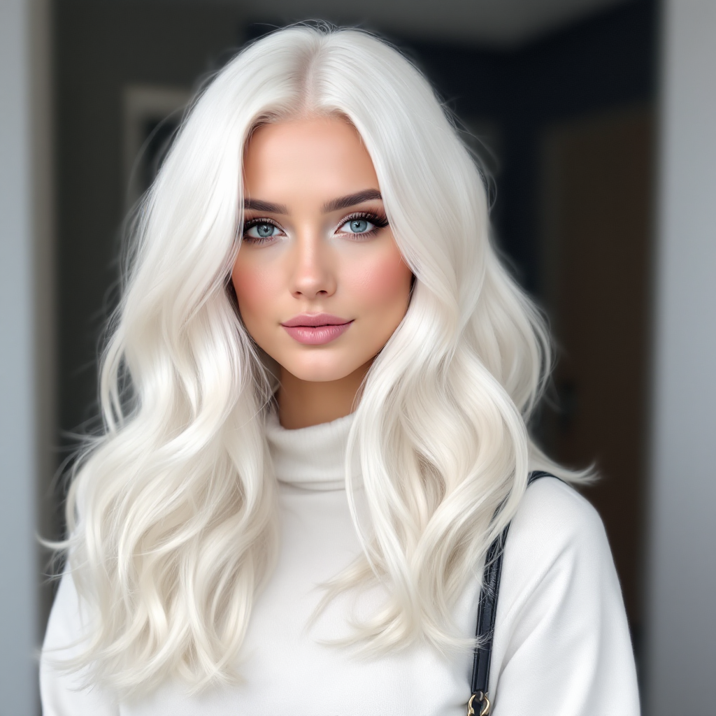 Snowy white waves with ethereal glow, striking hair color, pure elegance