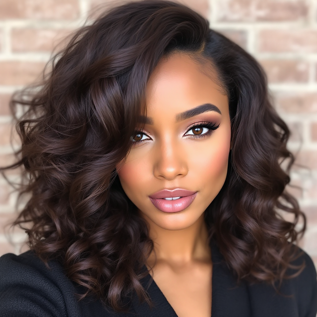 Luxurious chocolate waves with velvety texture, rich hair color, sophisticated style