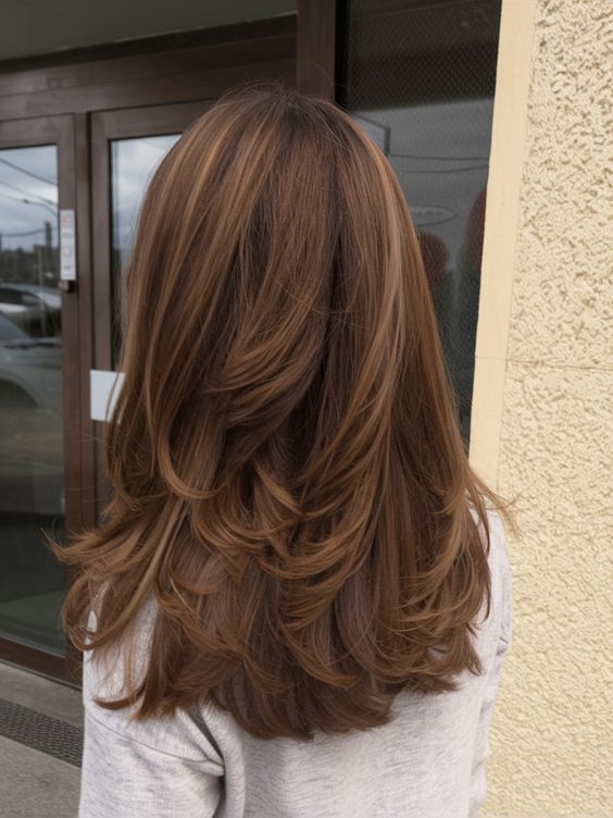 Soft chestnut layers with natural warmth, subtle hair color, elegant appeal