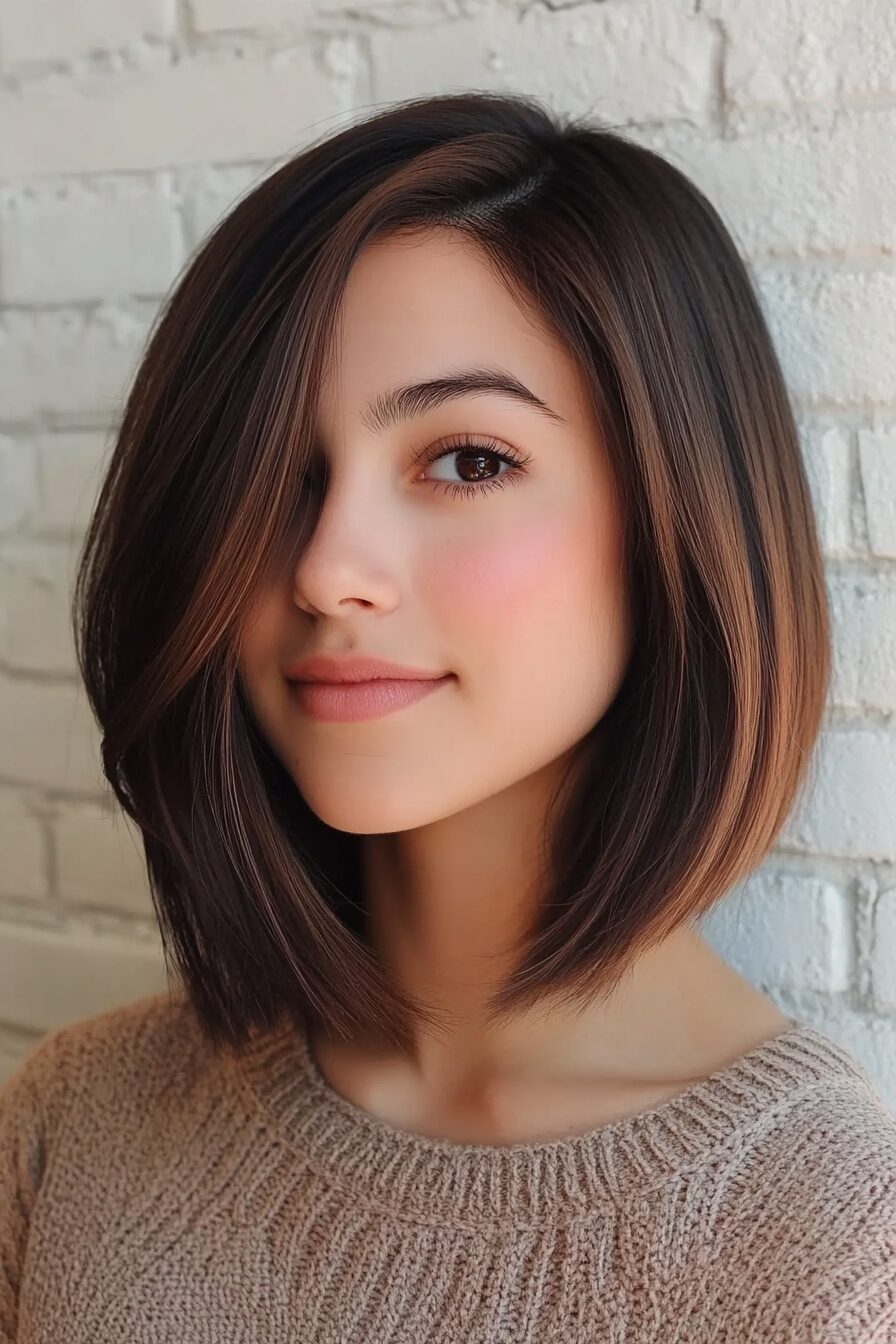 Sleek brunette bob with modern edge, chic hair style, contemporary vibe