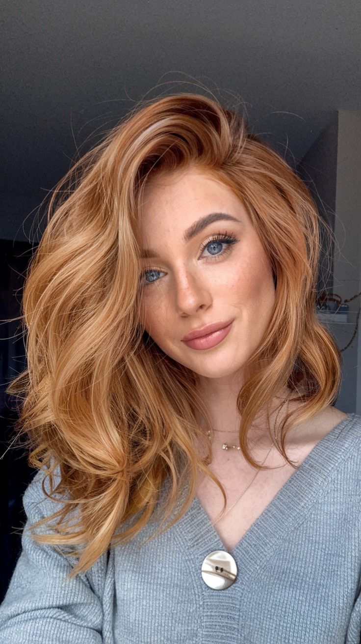 Golden auburn waves with radiant glow, vibrant hair color, lively style