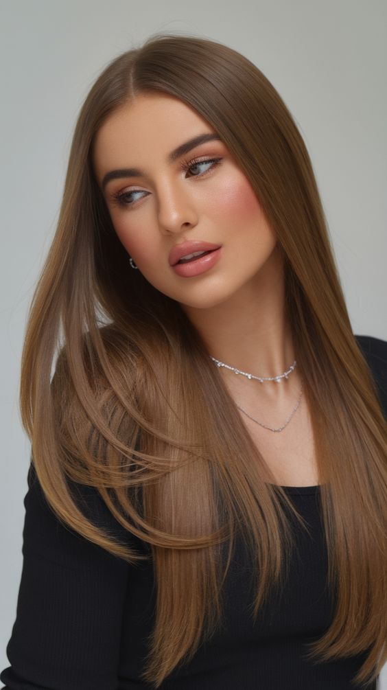 Sleek caramel balayage with subtle elegance, natural hair color, sophisticated blend