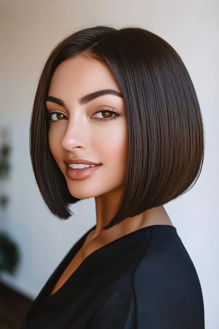 Polished espresso bob with sleek finish, chic hair style, modern elegance