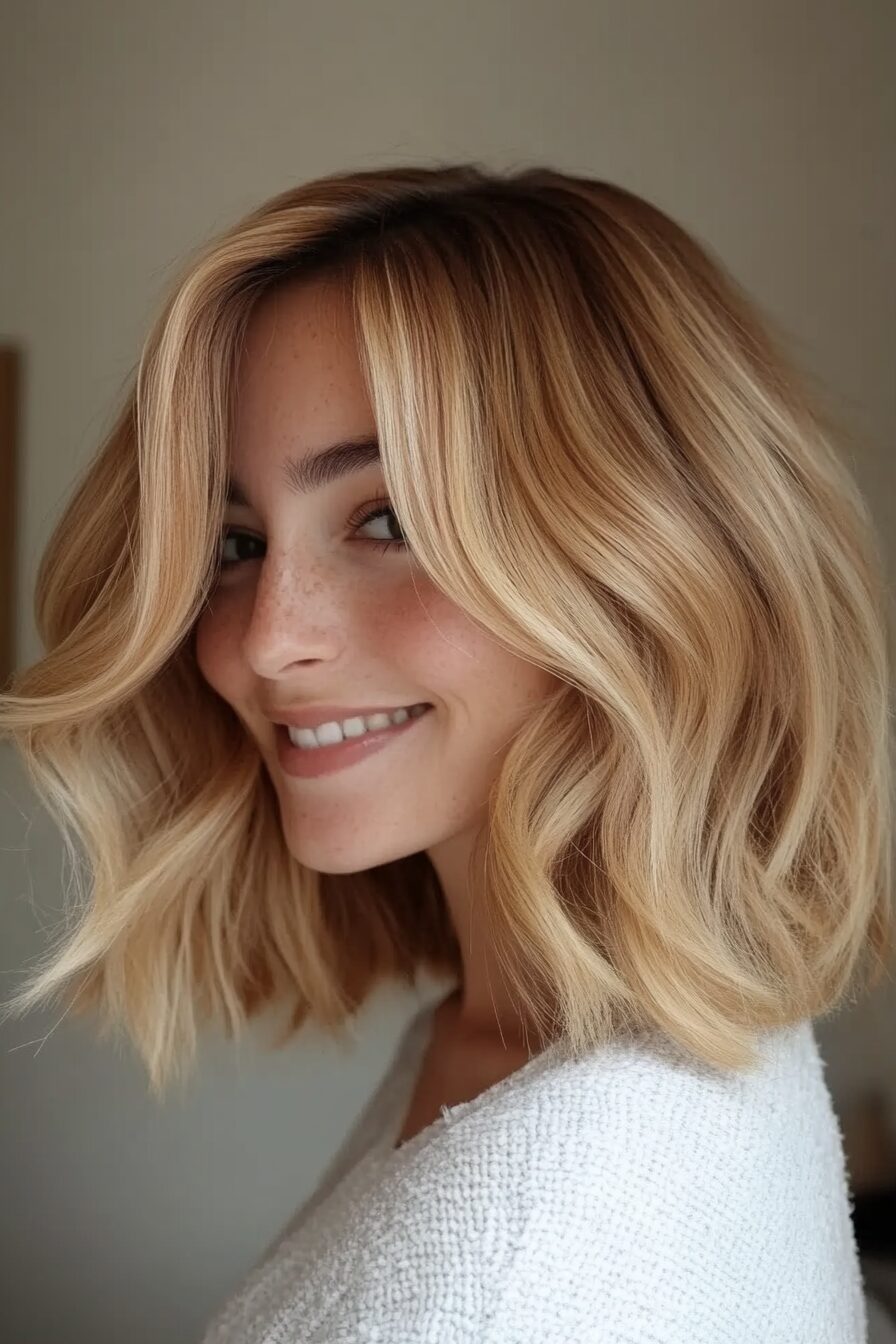 Golden honey bob with soft waves, warm hair color, relaxed style