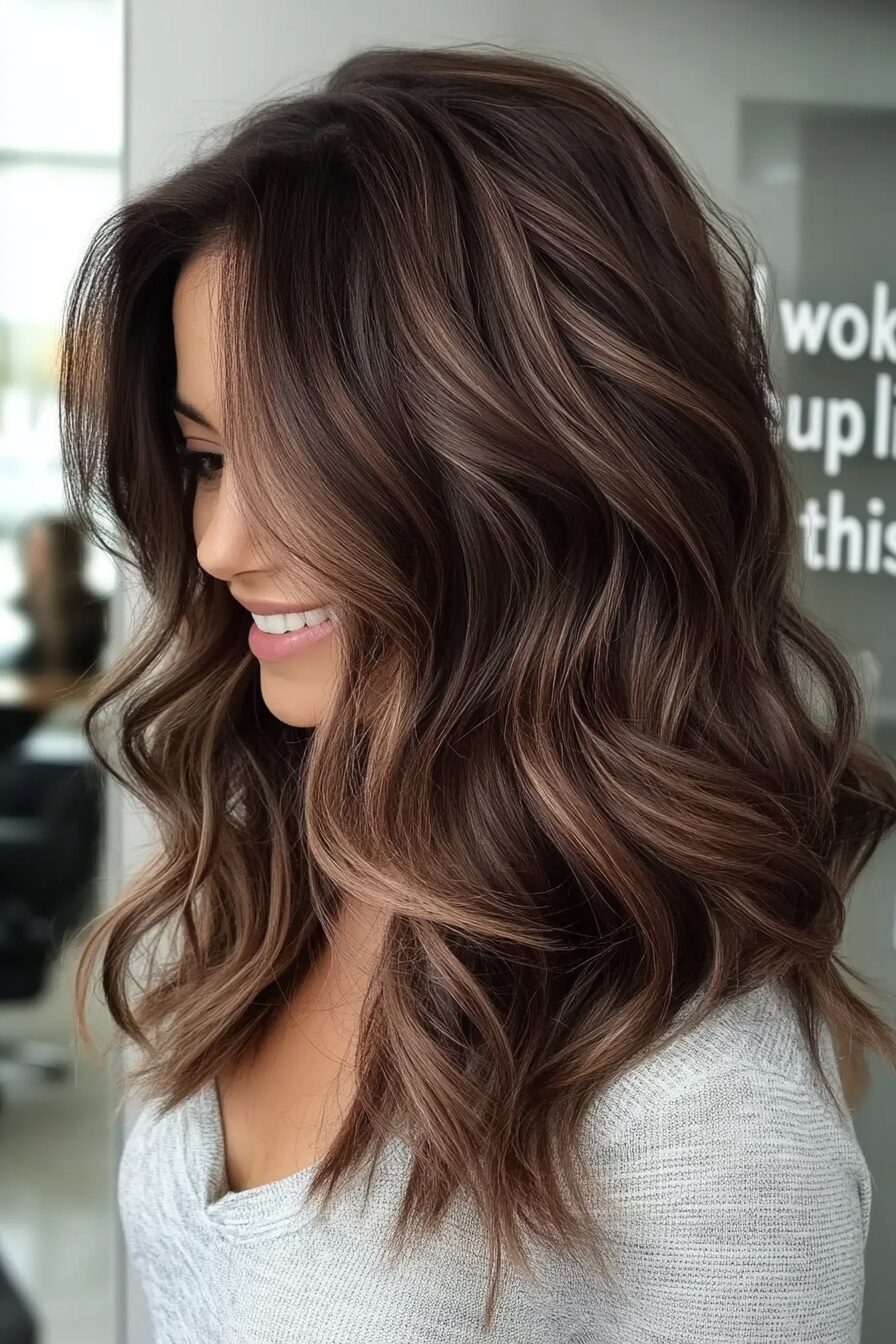 Rich mocha waves with voluminous texture, luxurious hair color, bold style