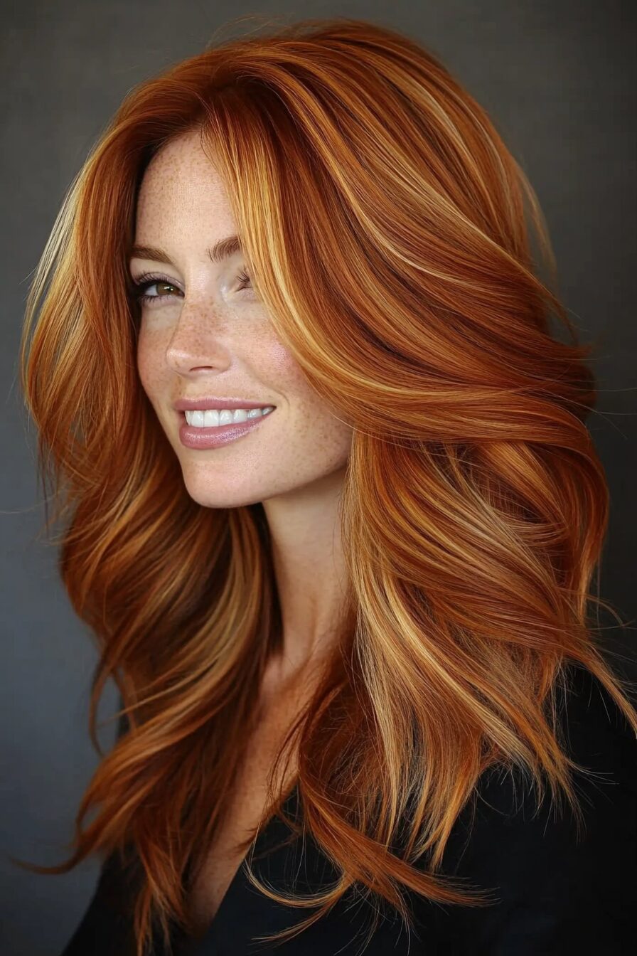 Fiery auburn waves with bold vibrancy, striking hair color, dynamic style