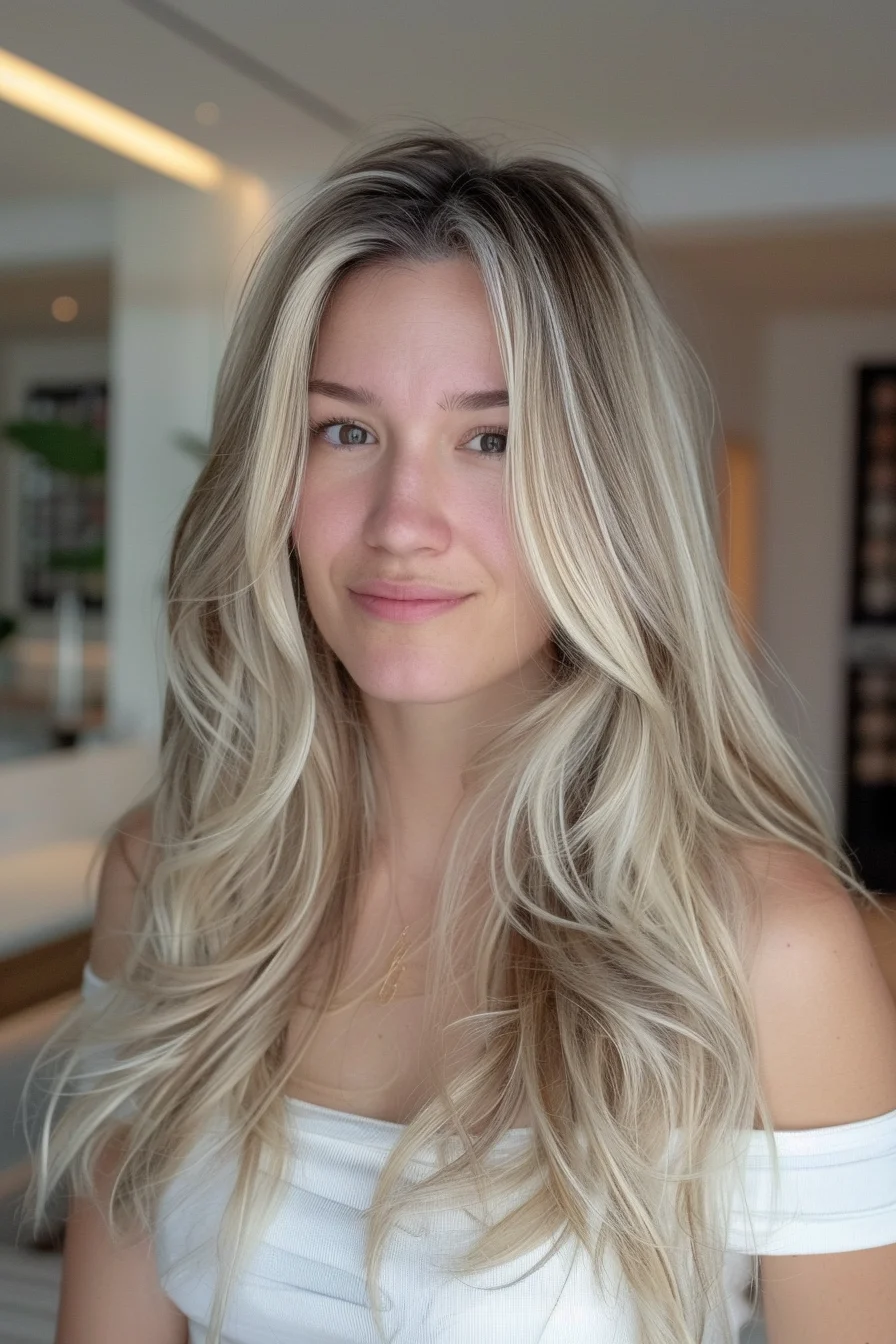 Soft blonde elegance, natural spring hair color, light and airy style