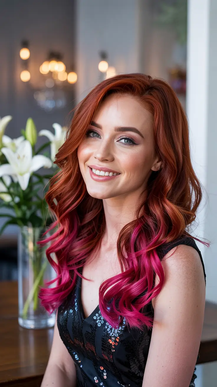 Vibrant red and pink hair fusion, bold spring color, exciting dual-tone style