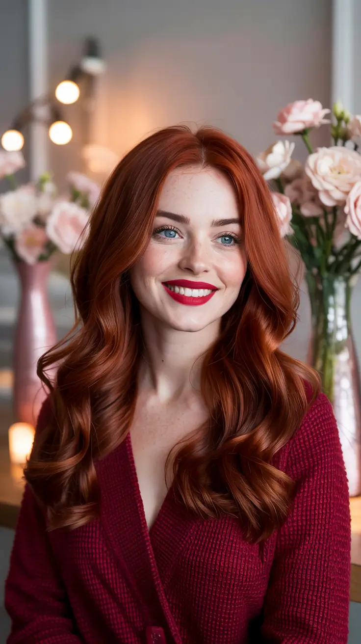 Radiant copper waves, luxurious spring hair color, bold and rich tones