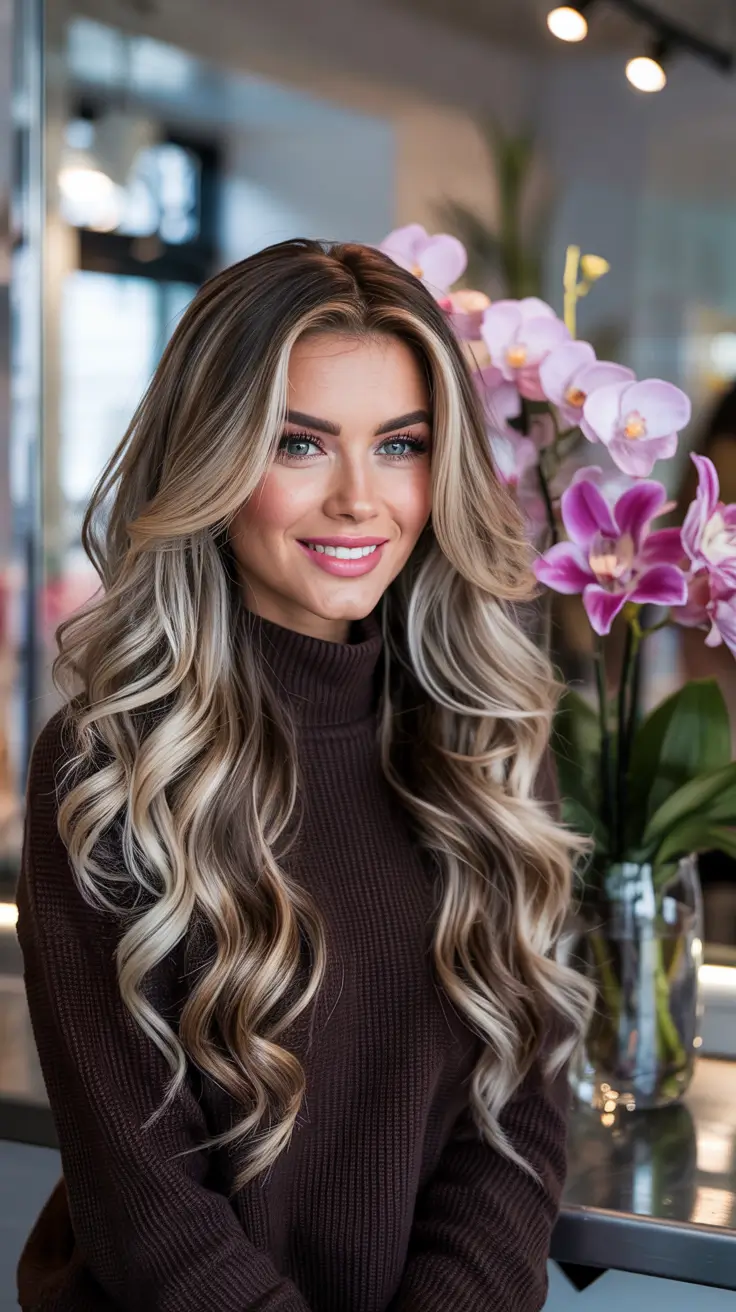 Voluminous blonde waves, glamorous spring hair, soft luxury style
