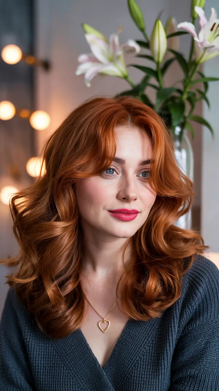Radiant copper curls, vibrant spring hair color, bold and luxurious look