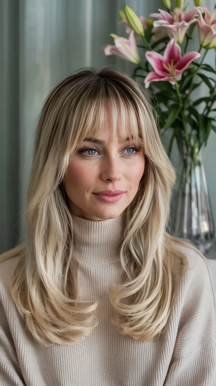 Classic blonde with bangs, timeless spring hairstyle, soft and elegant