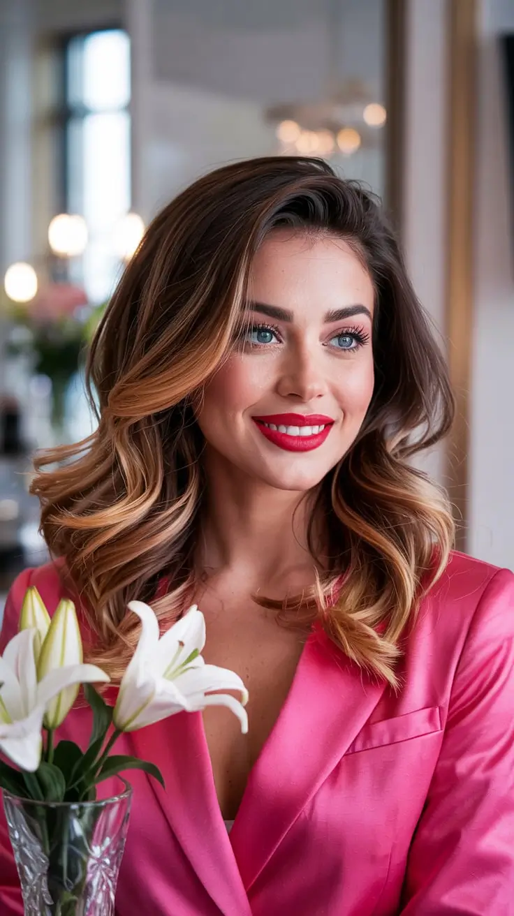 Golden brown waves, luxurious spring hair color, warm and rich tones