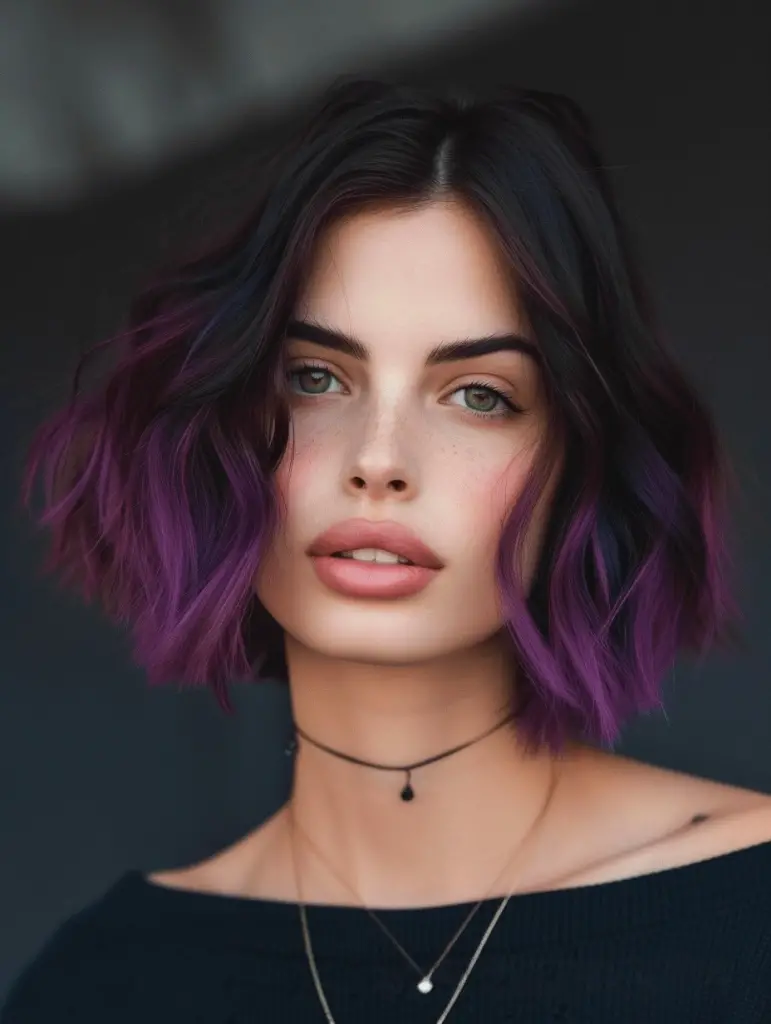 Playful purple waves, vibrant spring hair color, fun and bold style