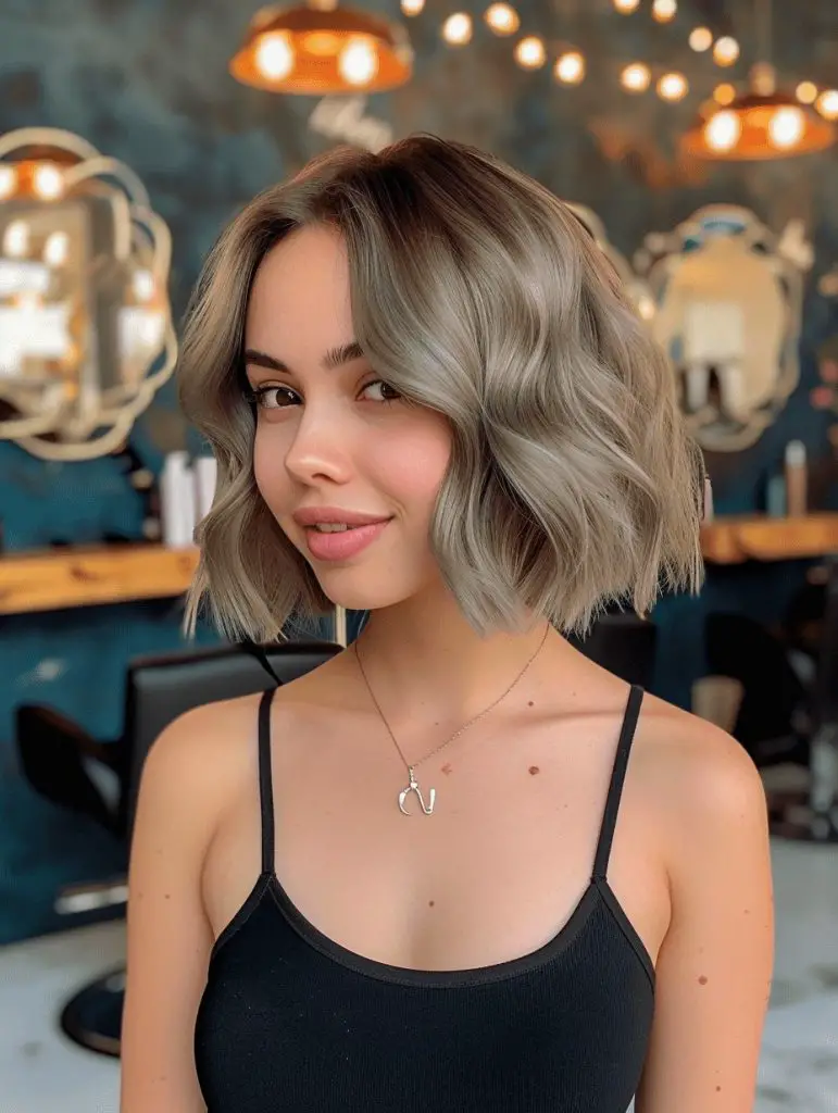 Chic ash brown waves, modern salon style, elegant spring hair trend