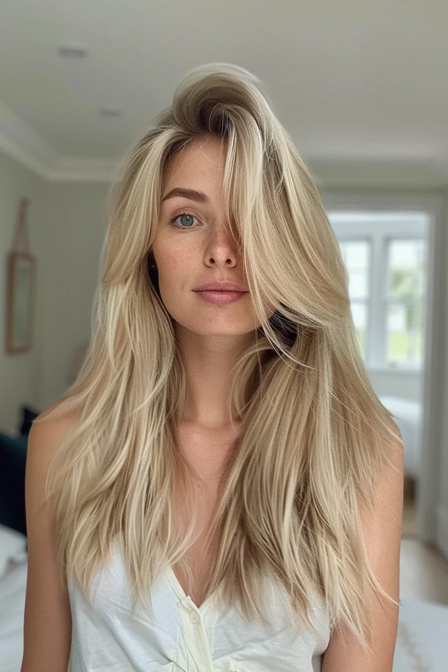 Luxe platinum layers, sophisticated spring hair, striking blonde style