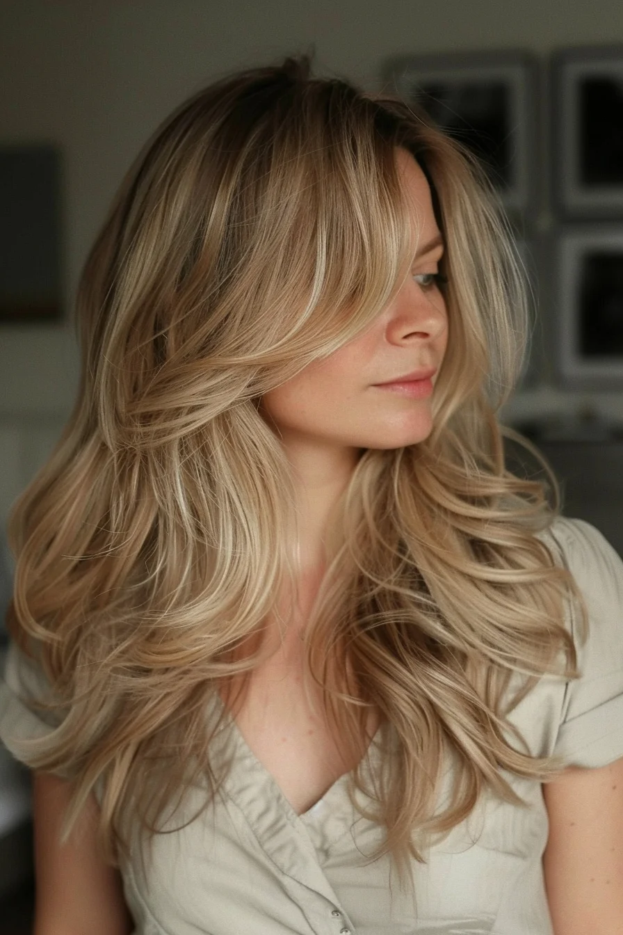 Golden blonde waves, radiant spring hair, warm and inviting style