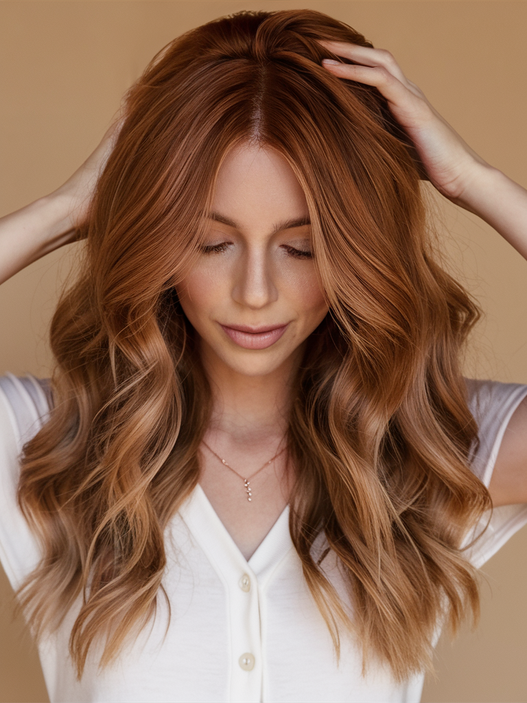 Radiant copper tones, warm and inviting, luxurious hair color.