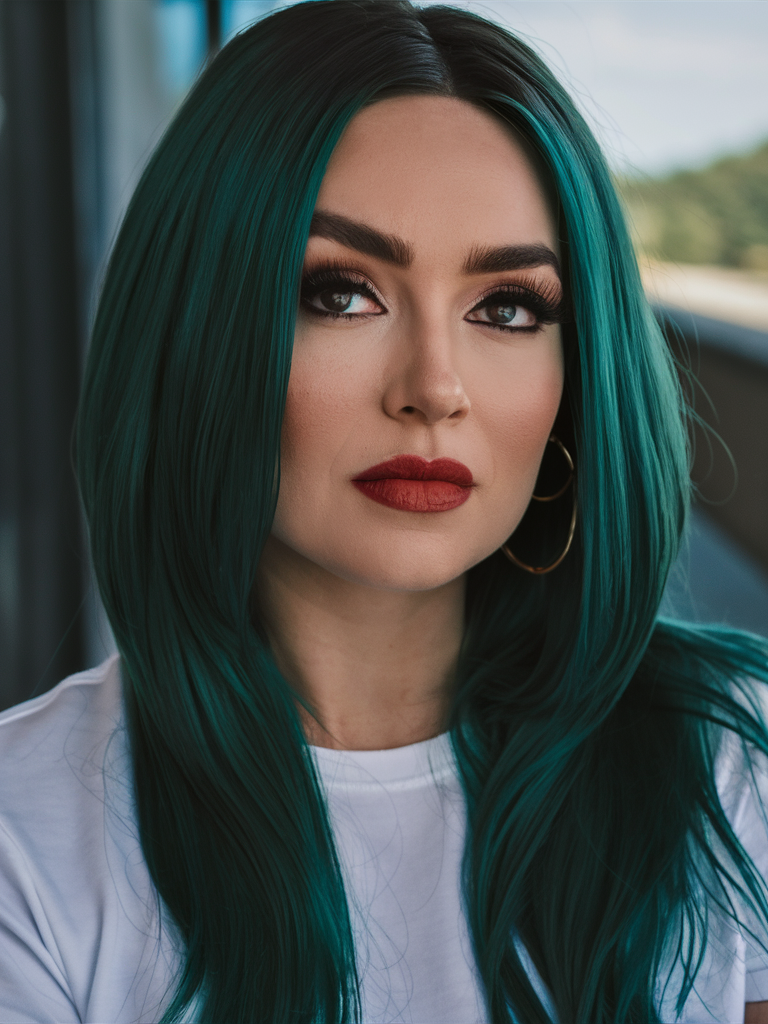 Vibrant teal hair color, bold statement, edgy and modern