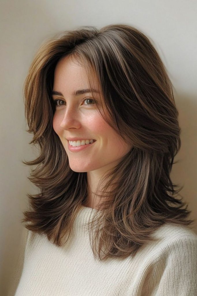 Layered mid-length cut, dynamic style, youthful energy