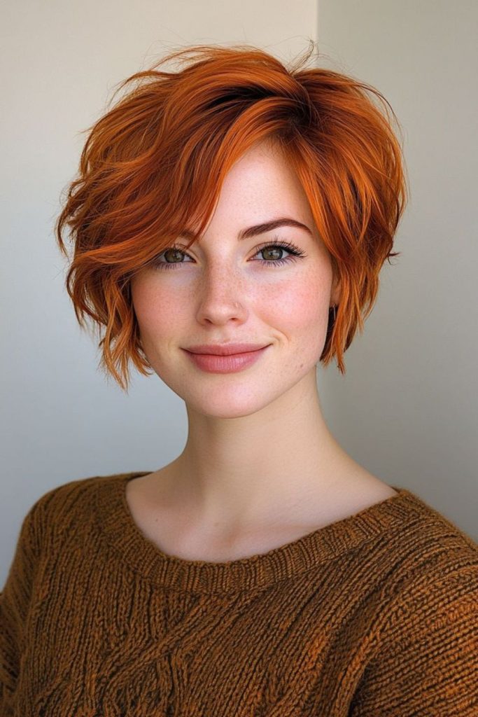Fiery red pixie cut, bold and daring, modern edge