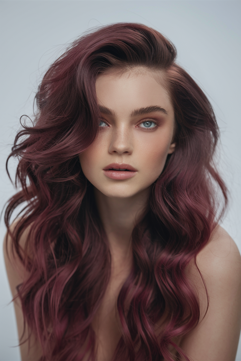 Rich burgundy curls, deep and vibrant, bold color choice