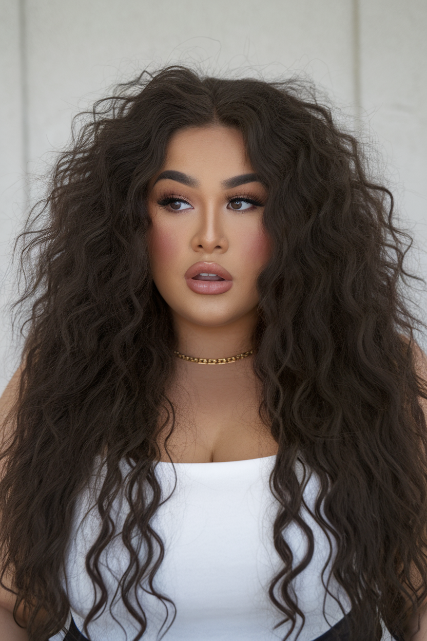 Voluminous curls with dramatic length, textured and bold, spring hairstyle