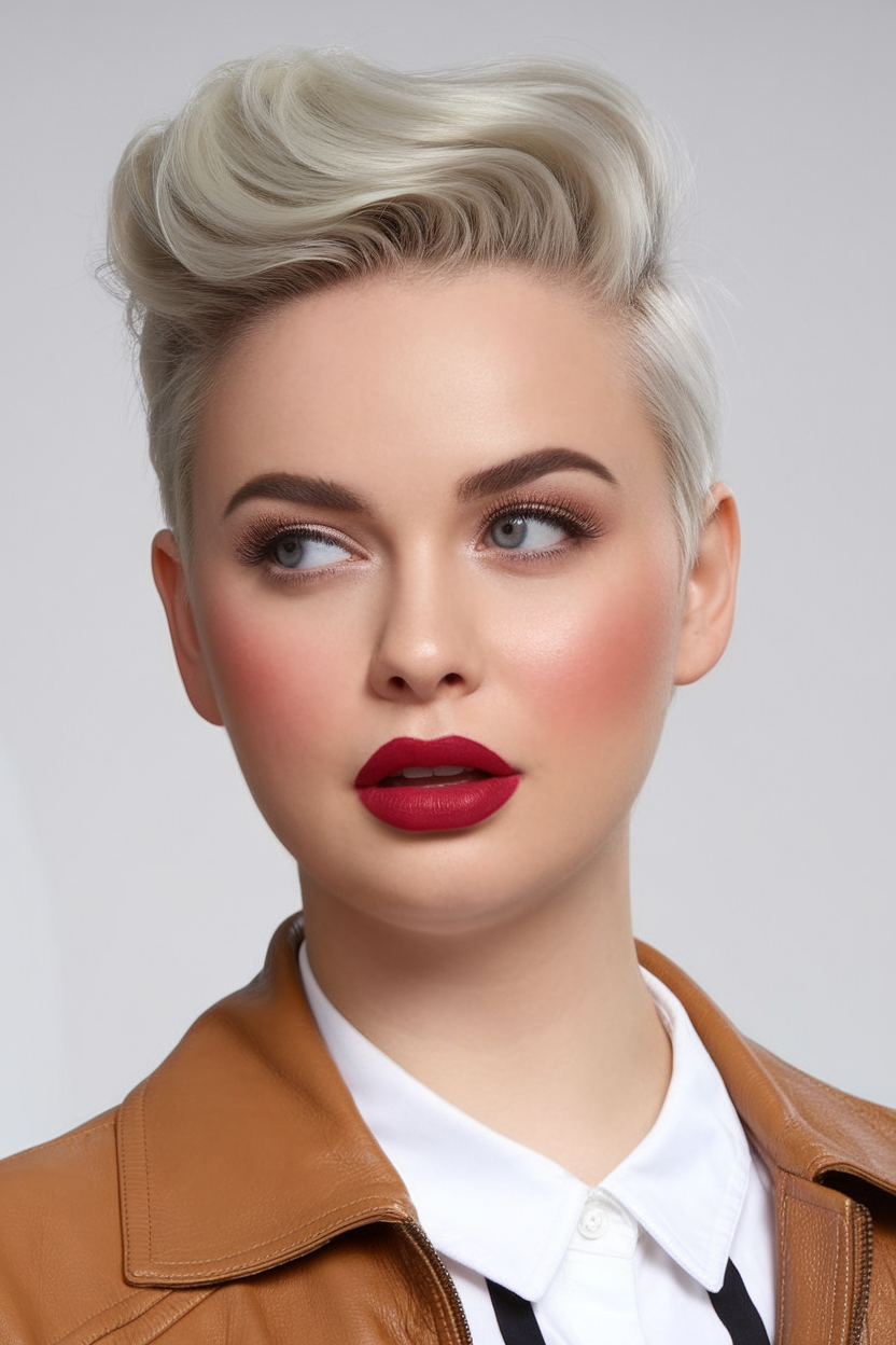 Sleek pompadour with platinum finish, chic and bold, modern hairstyle
