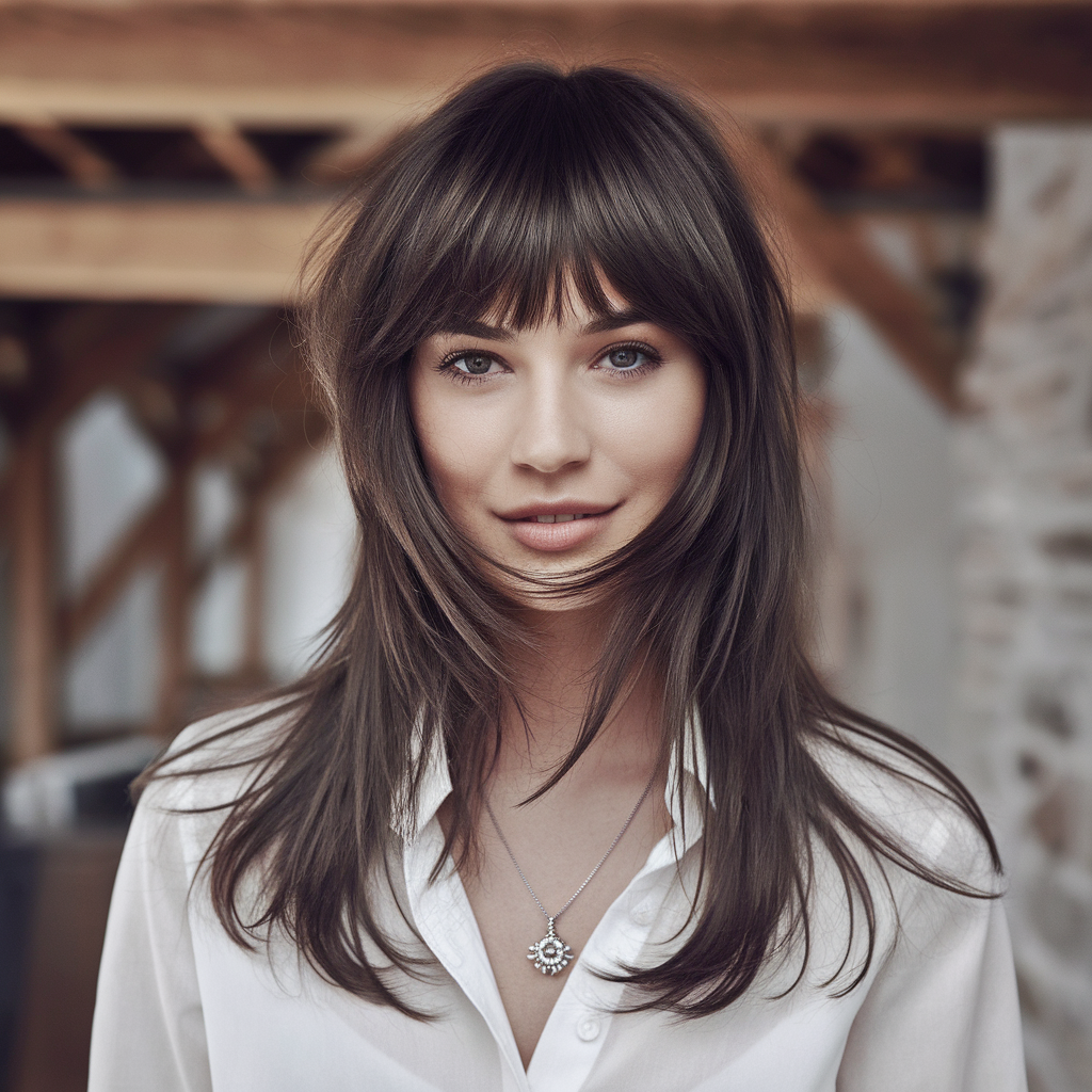 Long hair with soft layers and bangs, Pinterest style, spring haircut, long hair trends