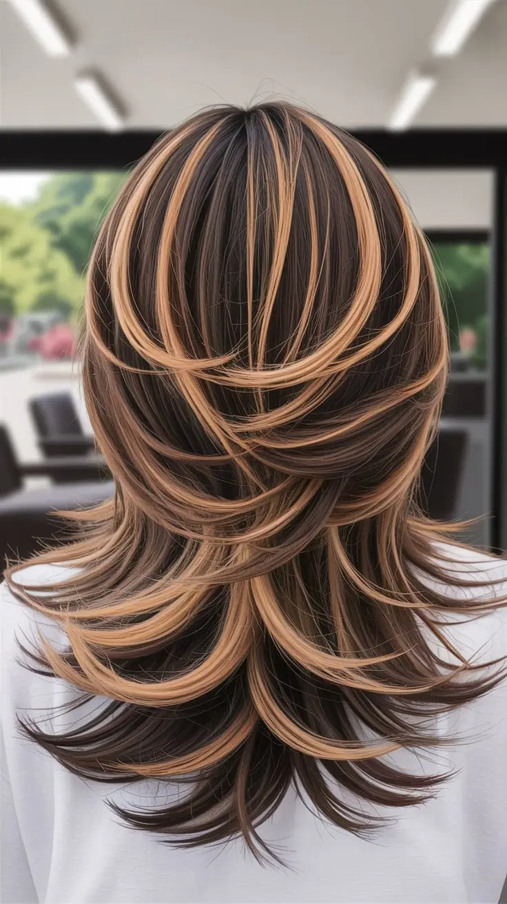 Intricate layered haircut with highlights, dynamic spring hair trend