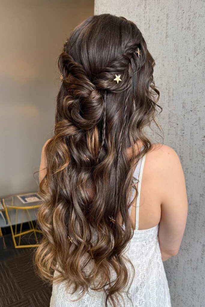 Star-studded half-up hairstyle, whimsical spring look