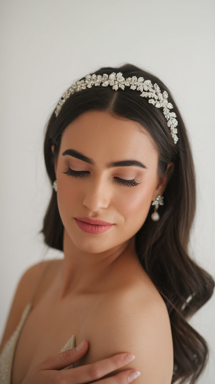 Elegant bridal hairstyle with jeweled headband, bridal beauty