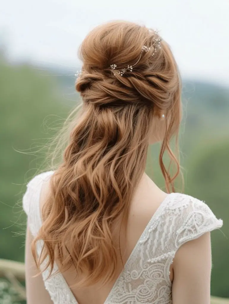 Romantic half-up hairstyle with soft waves, spring wedding