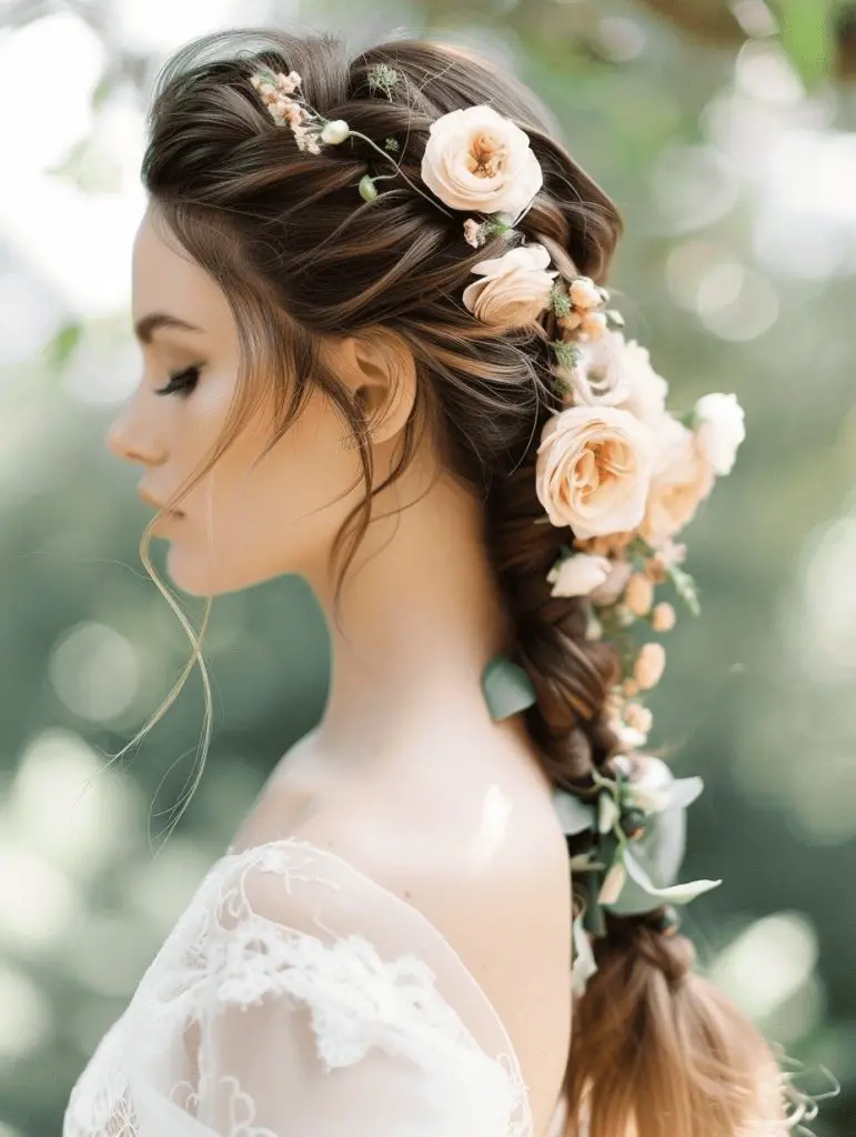 Fishtail braid with floral accents, romantic bridal hair
