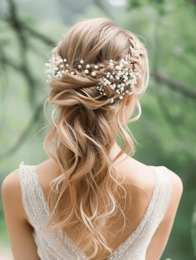 Romantic waves with floral accents, wedding hair trends