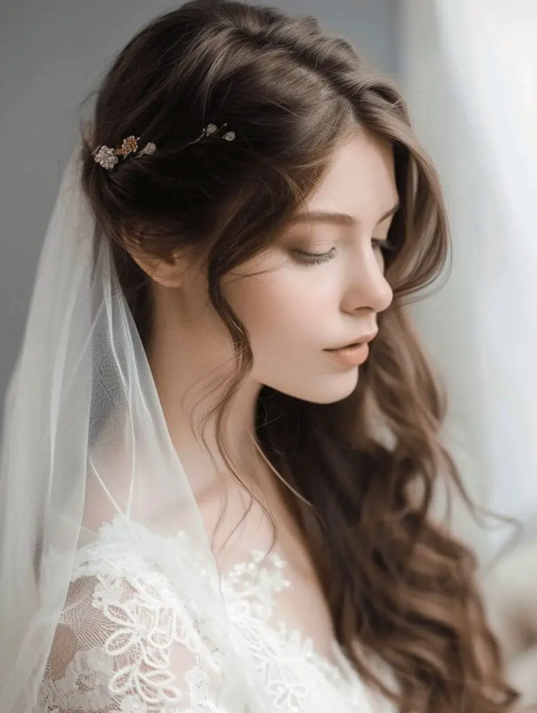 Elegant bridal waves with veil and delicate hairpin, timeless wedding hair