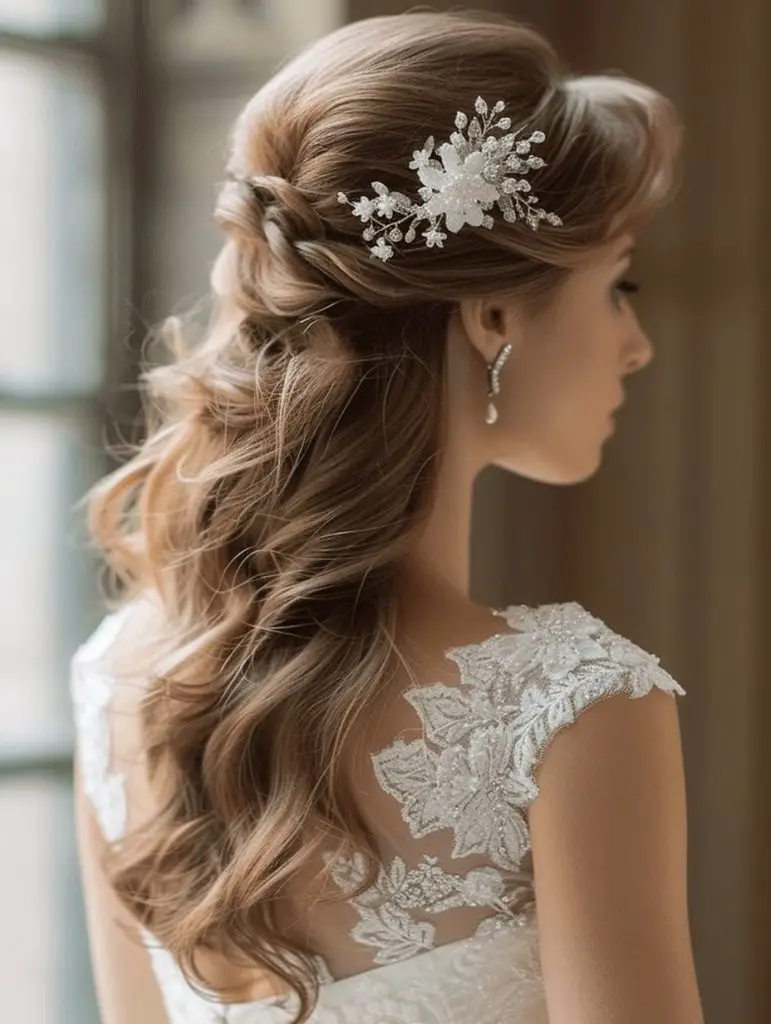 Regal half-up hairstyle with intricate hairpin, elegant bridal look