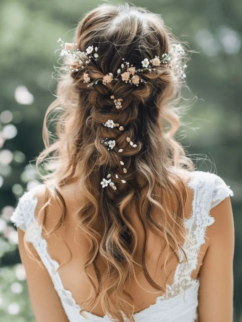 Intricate braided hairstyle with floral accents, romantic wedding hair