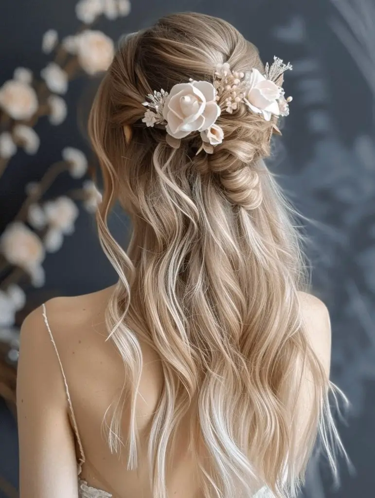 Half-up hairstyle with floral accents, bohemian bridal style