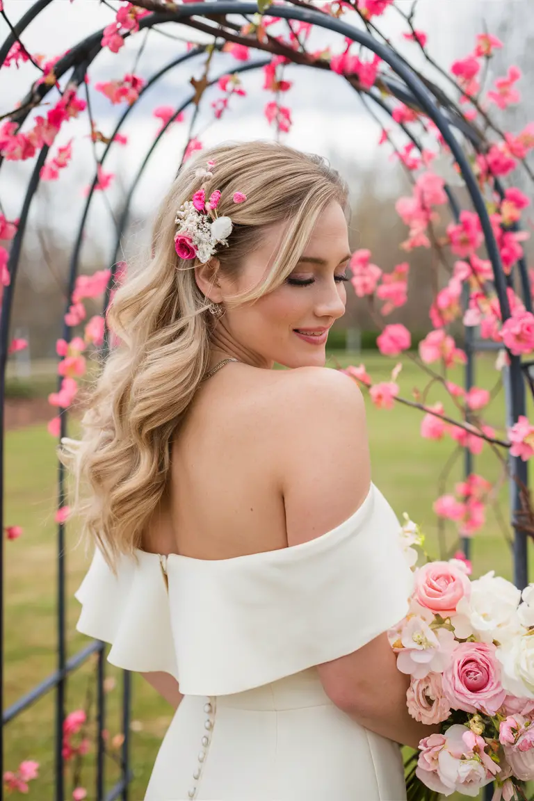 Playful waves with floral accents, spring bridal look