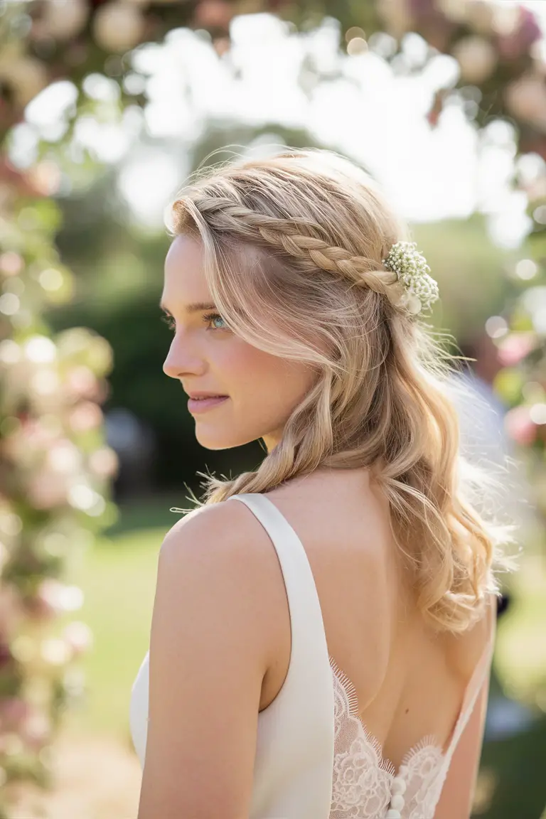 Whimsical braided hairstyle with floral accent, romantic bridal look
