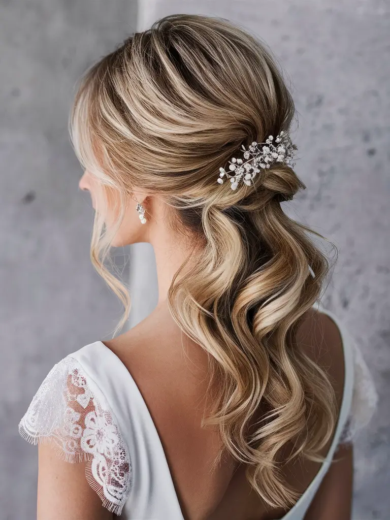 Elegant twisted half-updo with jeweled hairpin, bridal hairstyle