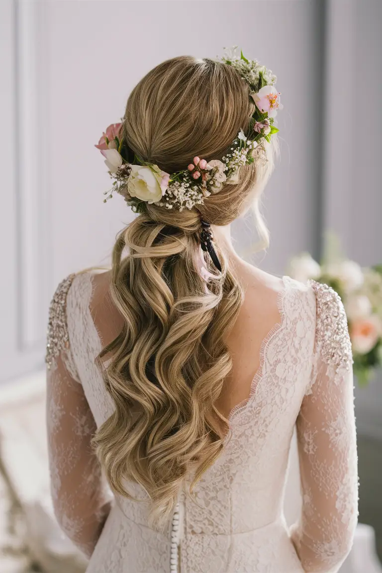 Floral crowned waves, bohemian bridal look