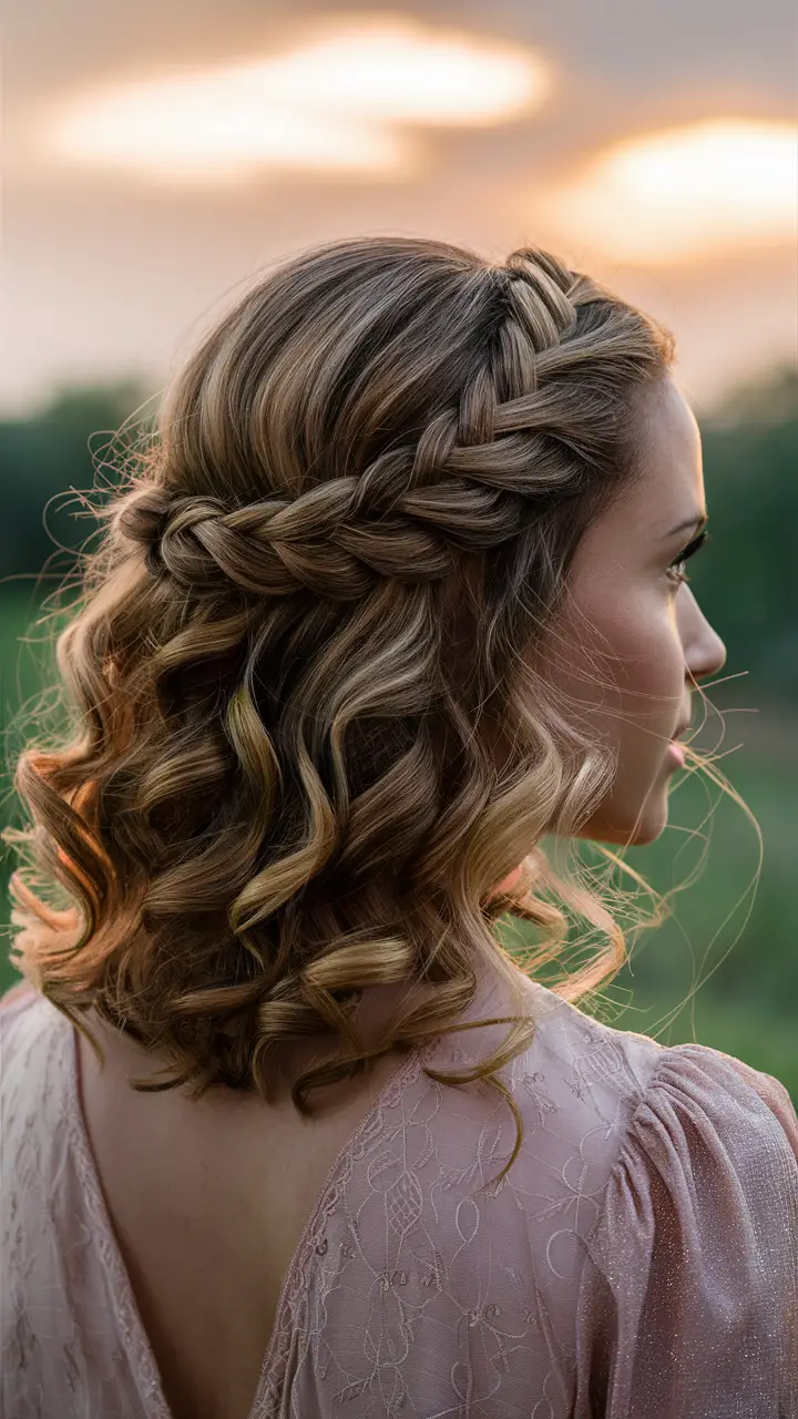 Chic braided crown with soft curls, elegant bridal hairstyle